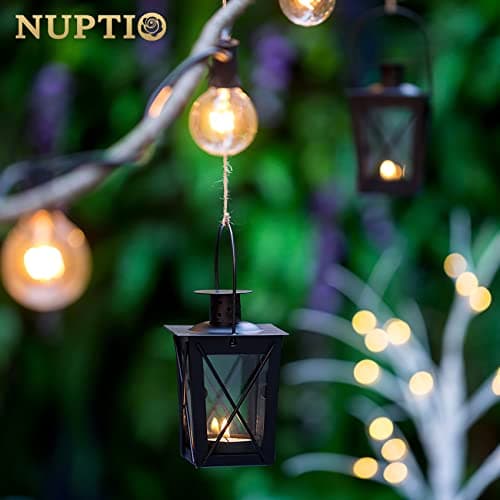 Lanterne en Verre À Terre/Suspendue, Lanterne en Verre Portable, Bougie Chauffe-Plat Petite Lanterne Rétro De Fer, Suspension De Décoration D’Intérieur/Cour (Noir, 4 Pcs)