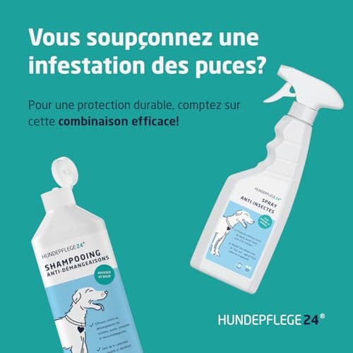 Hundepflege24 Shampooing Chien Antidémangeaison 500ml - Aide Contre Les démangeaisons, acariens, puces & infections fongiques - Shampooing Naturel pour Chien + Nettoyage et Soin antibactérien
