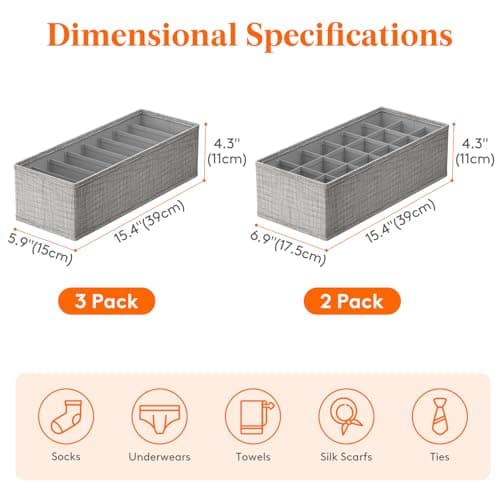 Lifewit Lot de 5 Organisateur Tiroir pour Commode, Separateur de Tiroir Pliable, Boite Rangement Vetement, Panier Rangement pour sous-Vetements, Vêtements d'enfant, Chaussettes, Cravates, Gris