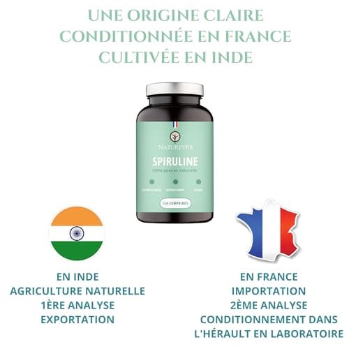 Spiruline - Naturever - Qualité supérieure, 100% pure et naturelle, sans excipients, séchée à froid, 22% de Phycocyanine, 550 cpr Vegan 500mg, Protéine, Fer, Antioxydants - Conditionnée en France