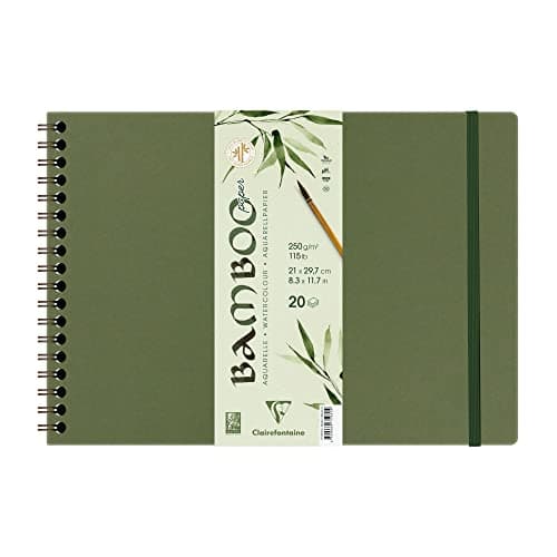 Clairefontaine 975930C - Carnet Spiralé Bamboo - 20 Feuilles Papier 100% Bambou Aquarelle Blanc Naturel 100% végan - Grain Finement Marqué Qualité Professionnelle A4 21x29,7 cm 250g