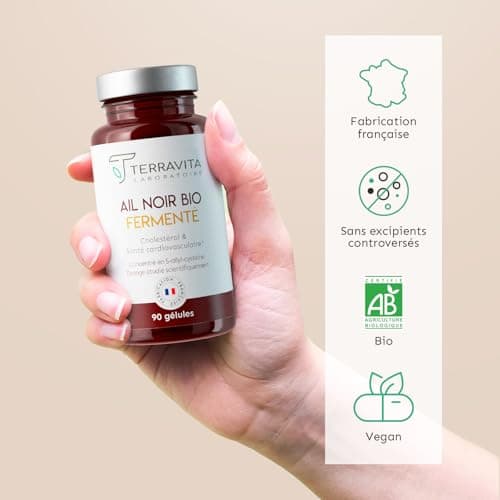 AIL NOIR Fermenté BIO | Extrait titré en S-Allyl-Cystéine | 250 mg par Gélule | Lutte contre les Lipides Sanguins - Santé Cardiaque - Circulation | 90 Gélules sans Goût | Made in France | Terravita