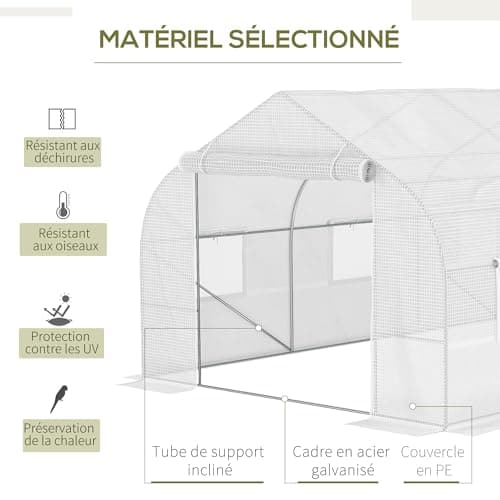 Outsunny Serre de Jardin Tunnel 600 x 300 x 200 cm Porte + 8 fenêtres enroulables métal galvanisé bâche PE Haute densité 140 g/m2 idéale pour Toutes Saisons Blanc