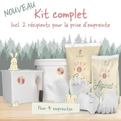 SOULBABY® Kit de Moulage Pied et Main Bebe [4 moulages] I 100% Made in Germany I Kit Moulage Bebe avec 2 récipients pour Le Moulage I Kit Empreinte Bebe avec Emballage pour Cadeau de Naissance