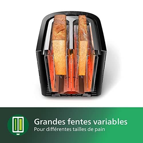 Philips Daily Collection Grille-pain – 2 tranches, 8 réglages Access. réchauffe-viennoiseries intégré, Design compact, Arrêt automatique, Fente Large, Noir (HD2581/90)