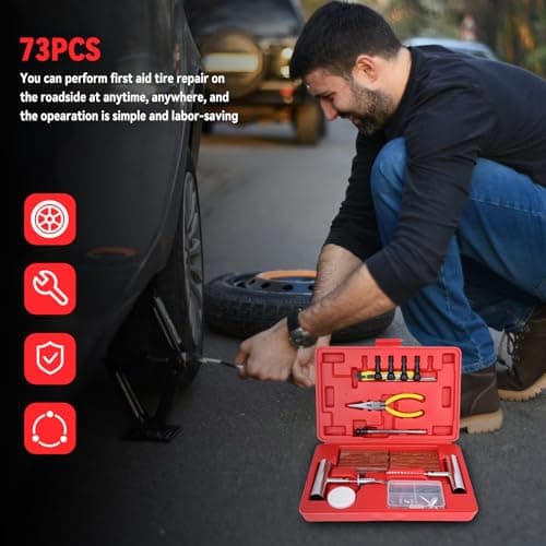 73PCS Kit de Réparation de Pneus de Voiture, Outils de Réparation de Pneus Lourds et Kit de Réparation de Pneu Plat Pneu Plat Meche Pour Voitures, Motos, Camions, VTT, Tracteurs, camping-cars