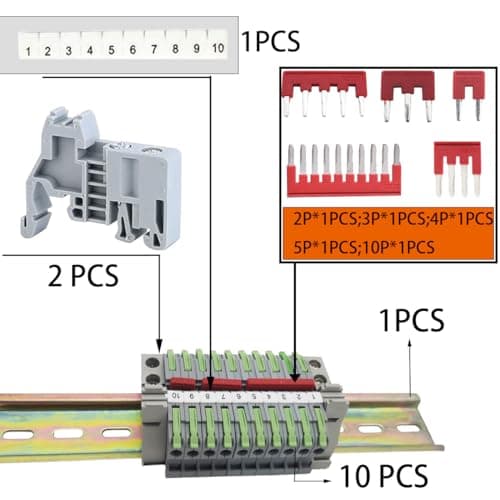 CTRICALVER Bornier de Rail DIN,Kit de Bornier, 10 pcs Bornier (Vert herbe), avec Bande de Repérage, Bande de Connexion(2/3/4/5/10pin) et Module Fixe