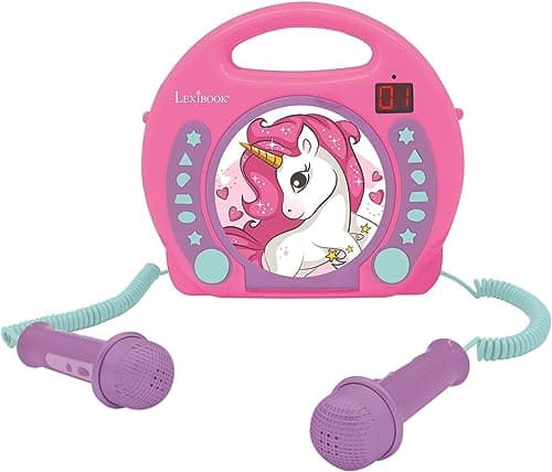 Lexibook-RCDK100UNI Lecteur CD Portable Licorne avec Micros, Poignée, Programmation, Répétition, Karaoke, Cheval, Prise écouteurs, Enfant, Fille, Rose/Violet, RCDK100UNI