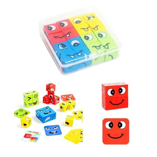 QHFlashbuy Jouet Montessori,Puzzle de Expression en Bois,Expressions en Bois Matching Block Puzzles,Cubes Face Change Cube Jeu,IQ Puzzle de Visage Jouet pour Enfant de Plus de 3 an