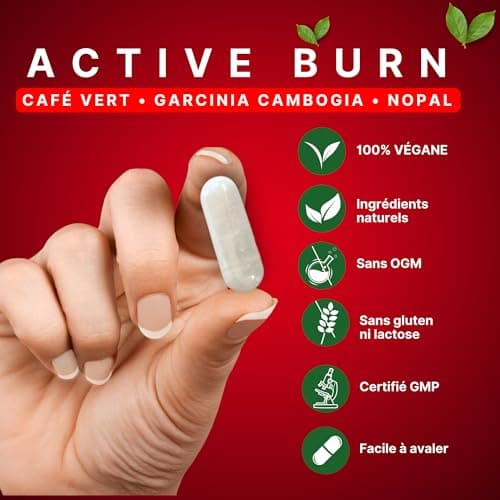 Active Burn - extra puissant - Métabolisme – Énergie - Garcinia Cambogia - Café vert – Nopal – Noix de Cola – 7 Vitamines et minéraux 120 gélules