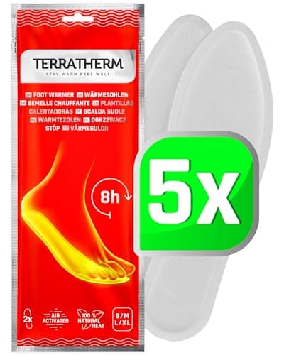 TerraTherm Semelles Chauffantes - 5 Paires M, Chauffe Pied, Chaleur 100% Naturelle, des chaufferettes et des Semelles chauffantes Qui chauffent Pendant 8 Heures, chaufferette Pied Extra Chaud