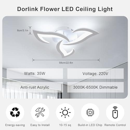 Dorlink Plafonnier LED Dimmable, Luminaire Plafonnier 35W 3900LM, Lampe de Plafond Salon Acrylique Créatif avec Télécommande/APP 3000K-6500K pour Salon, Chambre, Salle à Manger, Blanc, Ø58cm