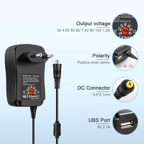 Aroidful 30W Alimentation Universel 12V 9V 7.5V 6V 5V 4.5V 3V et 5V 2.1A USB Port avec 8 Connecteurs DC. Adaptateur Secteur Universel pour Routeur/Haut-Parleur/Epilateur/Mini Fan/Bande Lumiere LED