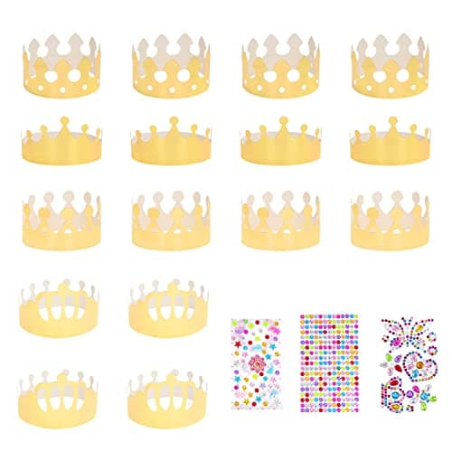 16pcs chapeaux de couronne de papier de fête d'or avec 111pcs autocollants de diamant de lettre de nombre coloré de paillettes super, chapeaux d'anniversaire de fournitures de fête pour les enfants