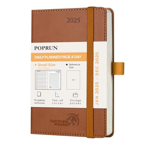 POPRUN Agenda de poche 2025 Journalier 16 x 10,5 cm - Couverture Souple en PU Cuir, 1 Page par Jour A6 petite Agenda, D'Jan 2025 à Déc 2025, Signet à 2 rubans, Papier 70 g/m2, Marron-BN