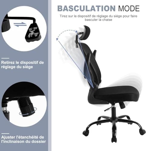 Flysky Chaise de Bureau Ergonomique, Chaise d'ordinateur réglable en Hauteur avec Support Lombaire et Appui-tête, pivotante, Tissu maillé, Noir