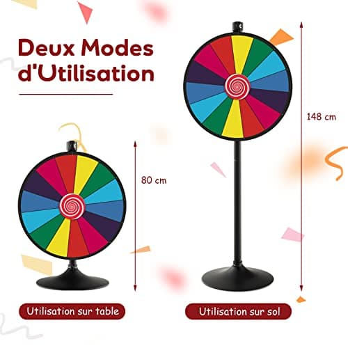 COSTWAY Roue de la Fortune 60cm à Hauteur Réglable avec 14 Emplacements, Roue de Loterie sur Pieds avec Marqueur Effaçable à Sec & Effaceur, Base Solide