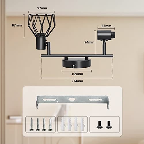 KYOTECH Plafonnier LED 2 Spots Pivotants & Orientables Rétro en Métal Noir Cage Spots de plafond Applique murale Noir Douille E14,Spot pour Cuisine Chambre Coucher,livré sans ampoules