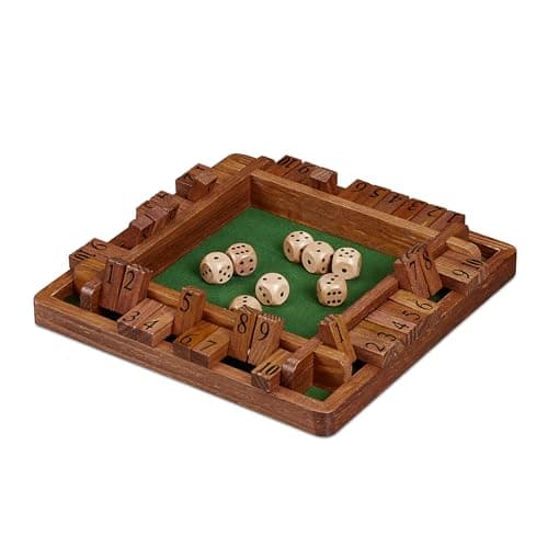 Relaxdays Shut The Box, 10 battants, de 2 à 4 Joueurs, en Bois, pour Petits et Grands, avec dés, Marron et Vert