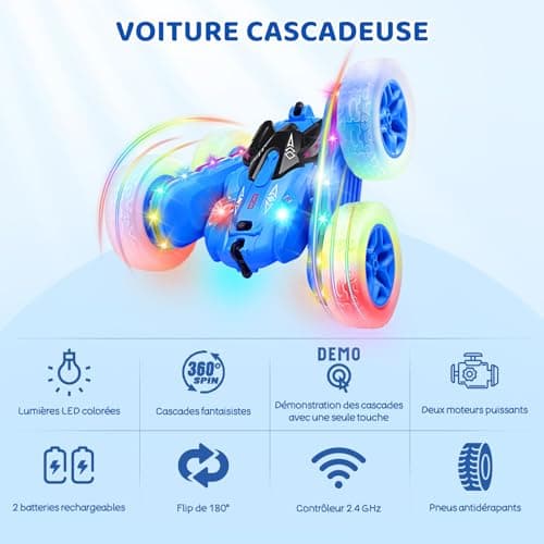 SGILE Voiture Télécommandée, Voiture Cascadeuse avec Bandes Lumineuses Latérales et Phares, 2.4Ghz, Rotations à 360°, Voiture RC Rechargeable Jouet pour Garçons Filles Cadeau d'anniversaire, Bleue