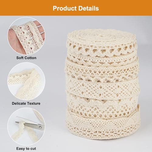 Lot de 6 Rouleaux de Ruban de Dentelle crème Vintage de 30 m