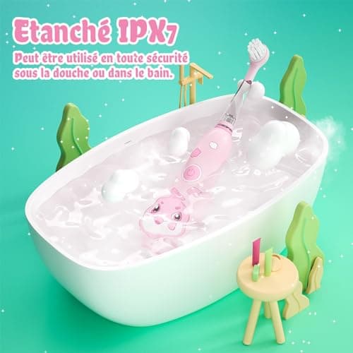 seago recharge brosse a dent enfant, brosse a dent electrique enfant de 2 ans à 6 ans, brosse a dent bebe avec lumière LED 8 têtes, minuteur et vibrations (rosa)