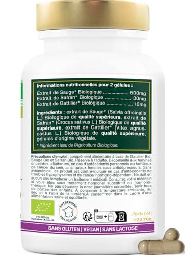 Ménopause BIO | Sans Hormones, 100% Naturel | Bouffées de Chaleur, Irritabilité, Stress | Gattilier, Sauge, Safran | 60 gélules | Qualité Supérieure