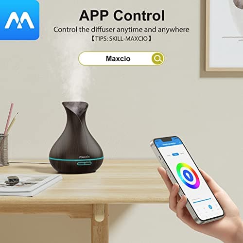 Maxcio Diffuseur d'Huiles Essentielles WiFi, Humidificateur d'Air Compatible avec Alexa et Google Home, Diffuseur Électrique Connecté avec Lumières Colorées, Minuterie et Contrôle à Distance sur l’APP