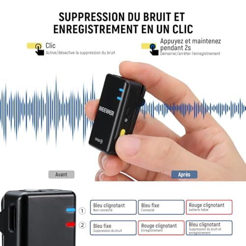NEEWER CM28 Système de microphone cravate sans fil ,stockage de 4 Go pour 9 heures de 48 kHz 16 bits Micro cravate audio non compressé Compatible avec iPhone/Android/PC/appareil photo