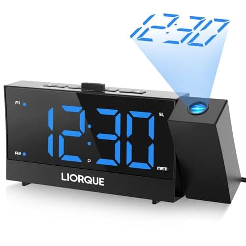 LIORQUE Radio Reveil Projection Plafond, Reveil Projecteur Plafond avec Double Alarme, Radio Réveil avec Grand Écran, Snooze, Réglage de Luminosité Infini, 2 Ports de Chargement USB
