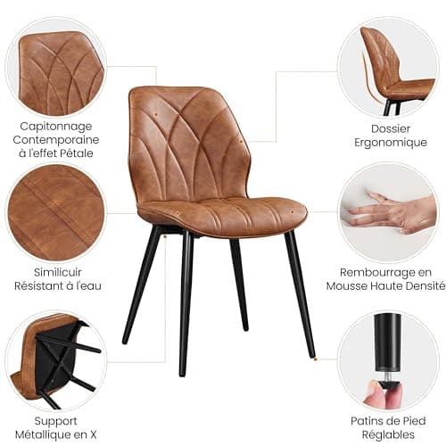 Yaheetech Lot de 4 Chaises de Salle à Manger Dossier Ergonomique Chaises de Cuisine Moderne Assise en Similicuir Bien Rembourrée Chaises de Chambre Cadre en Métal 58,5 × 44 × 82 cm Brun Rustique
