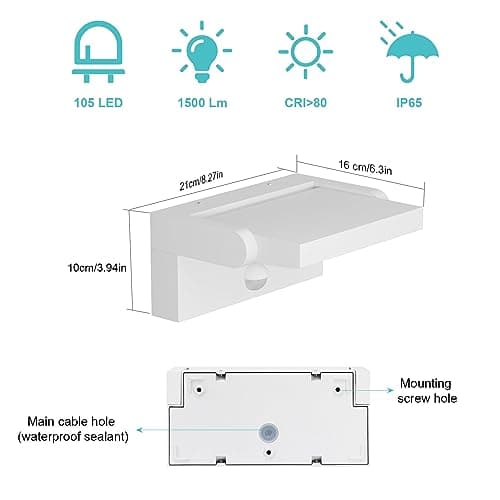 Klighten 24W Applique Exterieur/Intérieur LED avec Détecteur de Mouvement, Lampe murale avec LED Panneau Rotatif, IP65 Éclairage Mural pour Terrasse Entrée Jardin, Blanc, Blanc Froid 5700K-6000K