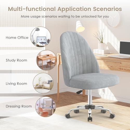 naspaluro Chaise de Bureau, Chaise de Coiffeuse en Velours, Chaise de Chambre sans Bras avec roulettes, Chaise de Bureau à Domicile, Chaise Souple Réglable en Hauteur pour La Chambre à Coucher,Gris