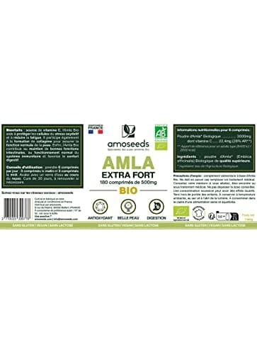 Amla BIO 180 comprimés de 500mg | Peau, Cheveux, Digestion | Amalaki, Groseille Indienne | Qualité Supérieure