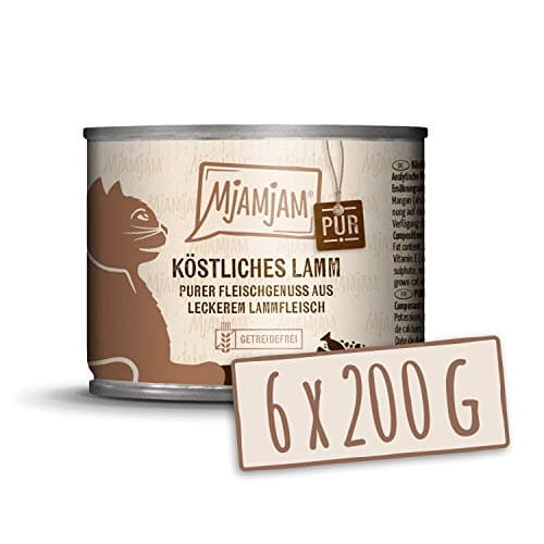 MjAMjAM - nourriture humide premium pour chats - pur plaisir de la viande - délicieux agneau pur, pack de 6 (6 x 200 g), sans céréales avec un supplément de viande