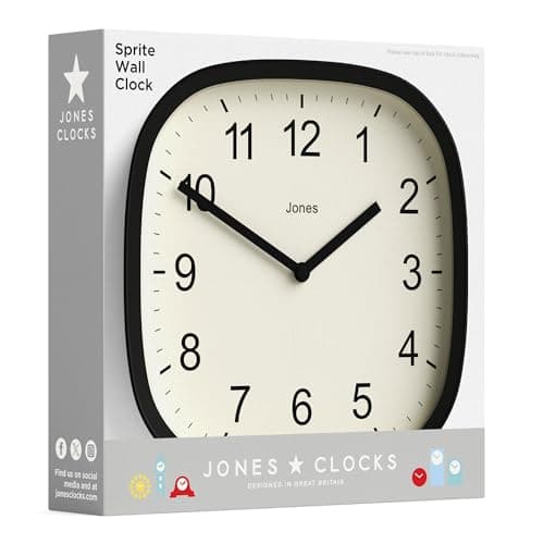 JONES CLOCKS Horloge Murale rétro carrée en Acrylique de Haute qualité, Le 'Sprite' en Jaune Moutarde, 25 x 25 x 5 cm