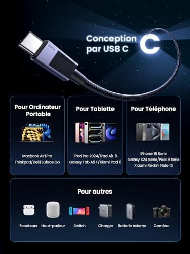 UGREEN 240W Câble USB C vers USB C PD 3.1 5A 48V 180W 140 W Câble USB C Charge Rapide Nylon Tressé Compatible avec MacBook iPad Ordinateur Portable de Jeu iPhone 16 Galaxy S24 Plus Ultra (2M)