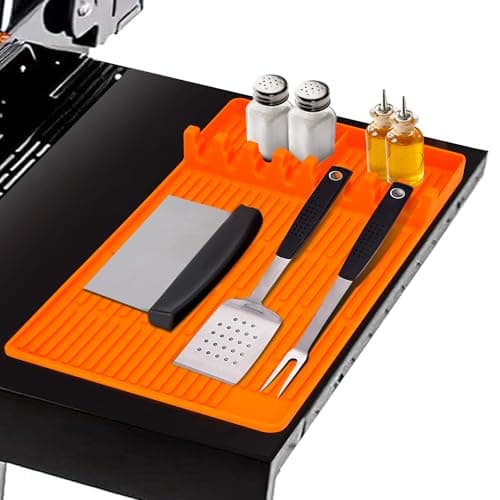 Tapis de Cuisson Barbecue, Ustensiles Barbecue Compatible avec Grille à Gaz, Tapis de Spatule en Silicone Tapis d’Etagère Latérale pour BBQ Grills Comptoirs (Orange Epais)
