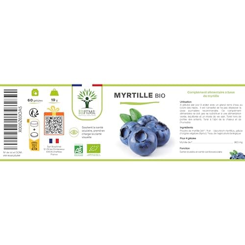 Myrtille Bio - Bioptimal - Complément alimentaire - Clarté visuelle Yeux Antioxydant Circulation - Lutéine Zéaxanthine Vitamine - 240 mg par Gélule - Fabriqué en France - Certifié Ecocert - 60 Gélules