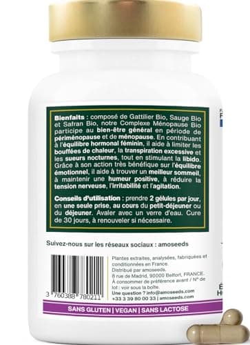 Ménopause BIO | Sans Hormones, 100% Naturel | Bouffées de Chaleur, Irritabilité, Stress | Gattilier, Sauge, Safran | 60 gélules | Qualité Supérieure