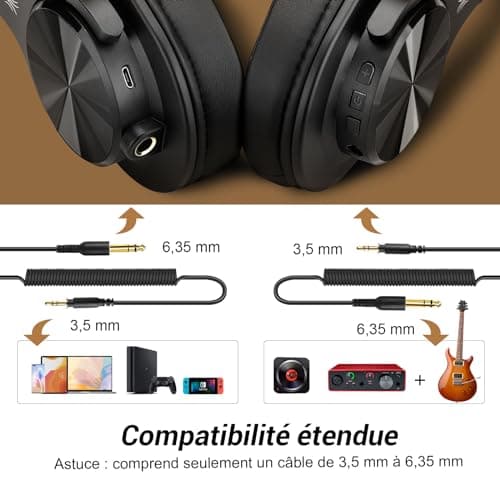 OneOdio Casque Bluetooth sans Fil BT5.2 avec 72 Heures, A70, Réduction de Bruit CVC 8.0, 3 Câbles, Léger Confortable, Pliable, Partage de Musique, Compatible Téléphone, DJ, Piano, Guitare (Noir Or)