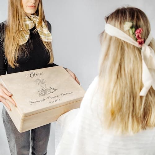 Creative Deco Personnalisé Première Communion Confirmation Cadeau Boite | Boîte à Souvenirs en Bois pour Garçon et Fille | Personnalisés - Calice et Prière du Chapelet | Personnalisable Idée Coffret