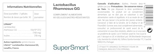 Lactobacillus Rhamnosus GG - Probiotique - Equilibre Microbiote et Flore intestinale - Booste le système immunitaire - Stimule la production des Lactobacillus - 60 gélules - Vegan - Supersmart