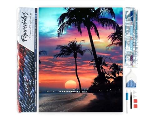 Figured’Art Diamond Painting Broderie Diamant 40x50cm Toile Entière Roulée avec Strass Perles Carrés - Coucher de soleil sur une île paradisiaque - Kit Complet 5D DIY Loisirs Créatifs Adultes
