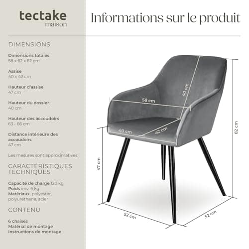 TecTake® Lot de 6 Chaises de Salle à Manger Chaises Rembourrées Fauteuil Salon Design Scandinave Pieds en Metal Noirs Élégant avec Accoudoirs Chaise Coiffeuse, Chambre, Salon, Bureau, Cabinet