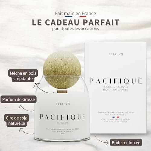 ELIALYS Bougie Parfumée Artisanale au Parfum de Grasse, VERVEINE, Mèche en Bois Crépitante - PACIFIQUE, 350g, ±70 heures de combustion, Fabriquée en France - Parfum Intense & Longue durée