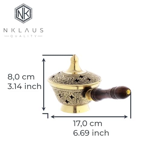 NKlaus Encensoir avec poignée en Bois pour encens mélange d'encens encensoir Laiton Or Massif Travail Manuel décoration ésotérique 7538