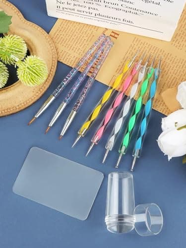 Kalolary Nail Art Stamper, Tampons à Ongle à Gelée et Grattoir, 3 Pièces Nail Art Design Pinceaux, 5 Pièces Nail Dotting Drawing Pens, Jelly Stamper French Smile DIY Outils de Manucure