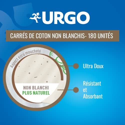 Urgo - Carrés de coton - Ultra-doux Absorbants - Coton de qualité certifiée OEKO-TEX® Non Blanchi - 180 unités
