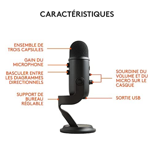 Logitech for Creators Blue Yeti Microphone USB pour Enregistrer, Streaming, Gaming, Podcast sur PC & Mac, Micro condensateur pour ordinateur portable et PC avec Effets Blue VO!CE, Plug and Play - Noir